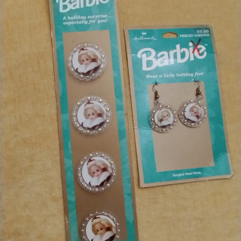 Hallmark 1996 Hallmark Barbie Christmas Earrings+Christmas Button covers